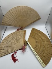 Set Of 3 Vintage Made in Hong Kong Carved Wooden Bamboo Hand Folding Fan 025 
