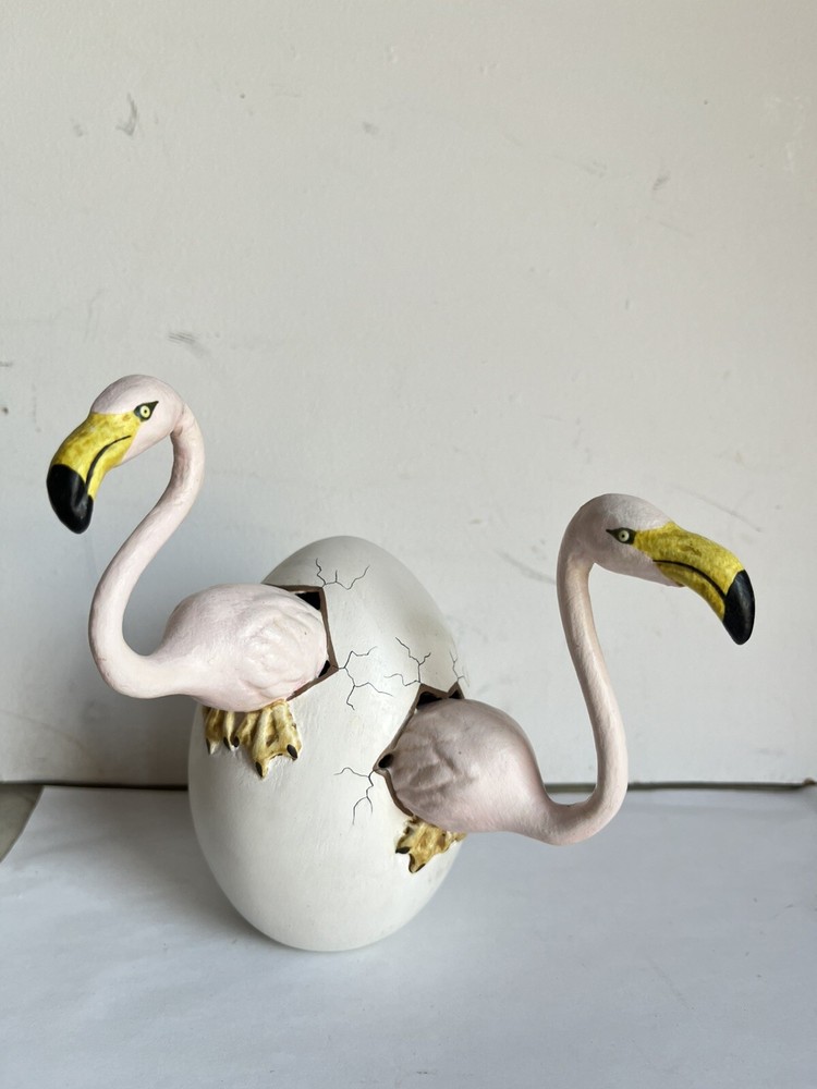 Pink Flamingos Hatching  From An Egg Statue Figurine Tonalli Mexico Unique Weird