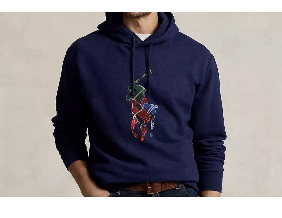 Felpa con cappuccio uomo Polo Ralph Lauren Navy BIG PATCHWORK PONY 4XB SHARP nuova con etichette