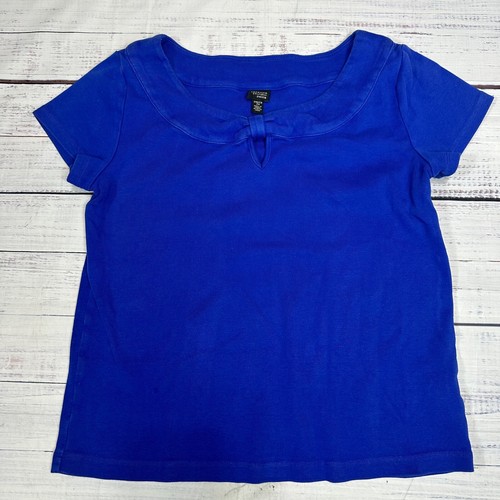 Rafaella Studio Damen Shirt Oberteil Blau Gr. PM Front Knoten Kurzarm Freizeit Baumwolle