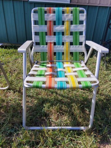 Vintage 1970s Adult Webbed Aluminum Folding Lawn Chairs Yellow Orange Green Blue - Picture 2 of 13