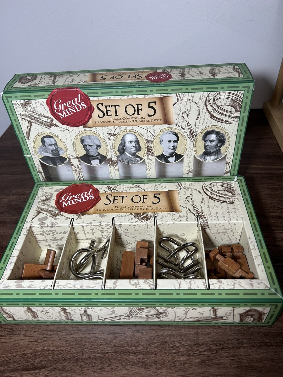 Great Minds! Set of 5 Puzzle Compendium 3 Wooden 2 Metal Professor