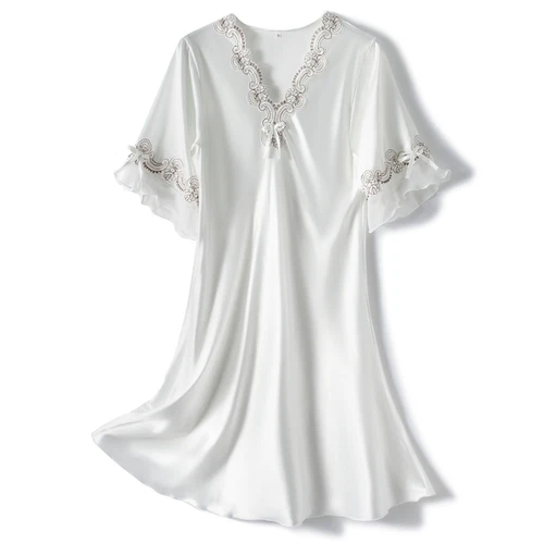 Damen Satin Nachthemd Sommer Luxus Weich Spitze Kurzarm V-Ausschnitt Schlafshirt - Bild 13 von 32