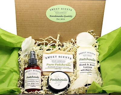 Patchouli Spa Gift Set - Soap, Lotion, Sugar Scrub, Spray - Sweet Scents Soap