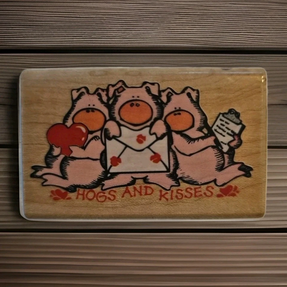 Estampilla de goma de colección de madera estampida de goma cerdos y besos cerdos amor de San Valentín 631-D Foto 2 de 4