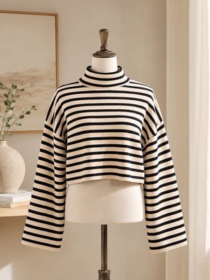 Bershka European Striped Cropped Turtle Neck Sweater Size L 