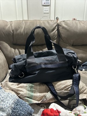 Versace Parfums Duffle Backpack dark blue faux leather gym Weekender travel Bag