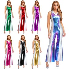 Womens Jumpsuit Pants Rompers Adult Bodysuit 70s Disco Costume Metallic Ladies