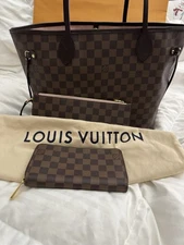 Louis Vuitton Neverfull MM Damier Ebene Handbag Tote + Wristlet Wallet N40599