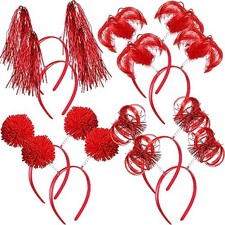 8 Pcs Christmas Pom Pom Headbands Spirit Party Headbands Tinsel Ponytails Red
