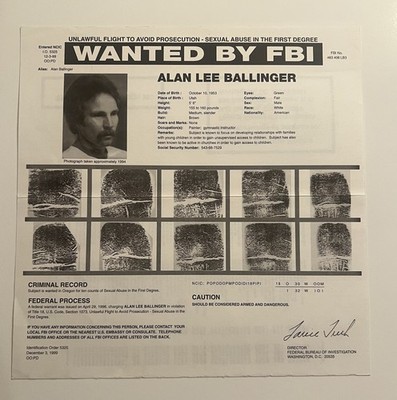 RARE HTF - FBI WANTED POSTER- ALAN LEE BALLINGER