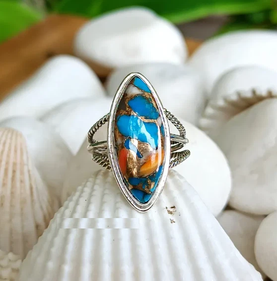 Anillo de plata esterlina turquesa ostra hecho a mano: anillo boho hecho a mano todas las tallas R395 Foto 4 de 4