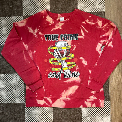 True Crime & Wine Women s Sweatshirt Medium Red Bleach Tie Dye Skeleton Graphic
