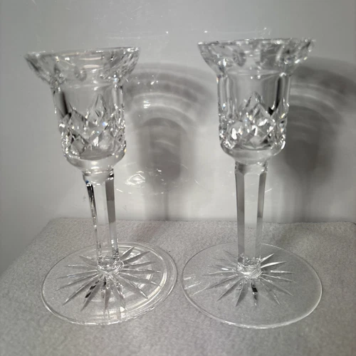 Vintage Waterford Crystal Lismore Candle Holders Pair 5 5/8” Diamond Cut Marked