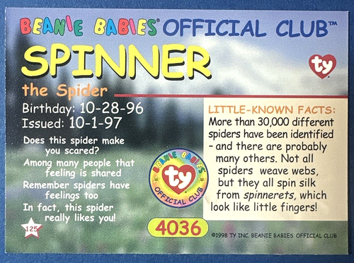 TY BEANIE BABIES CARD 1998 SERIES 1 SPINNER 4036 - Picture 2 of 2