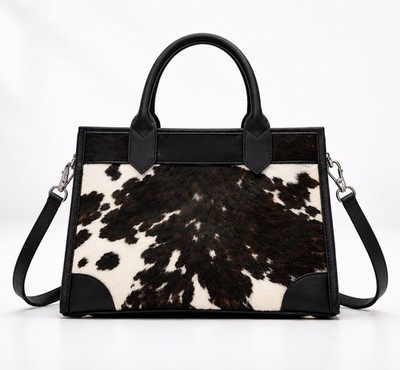Genuine Cowhide Leather Tote Bag Handmade Brown & White Hair-On Purse new style