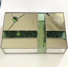 Vtg Stained Glass Mosaic Jewelry Trinket Box Hinged Lid Green Cabochon Mirror