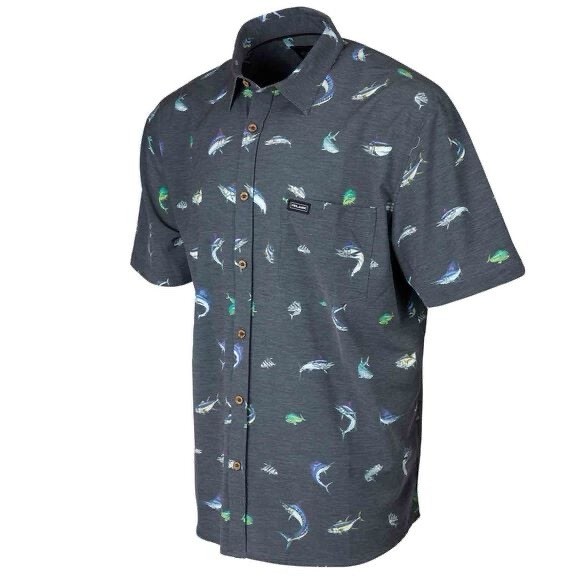 Pelagic Dockside Gamefish Stretch Woven Shirt Short Sleeve Charcoal Men's XL