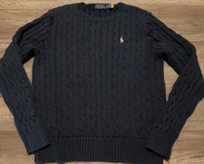 POLO,RALPH LAUREN PREPPY CABLE KNIT CREW SWEATER  SIZE LARGE NAVY BLUE PREOWNED