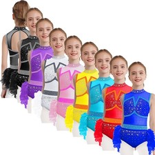 Kids Girls Bodysuit Lyrical Leotard Salsa Dancewear Dance Cutout Feather Class