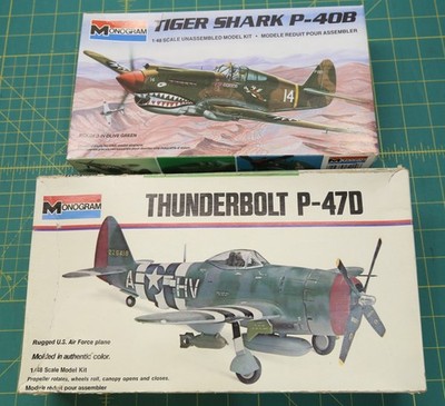 Lot of 2 1/48 Scale Monogram Kits P-40B Tiger Shark & P-47D Thunderbolt + extra