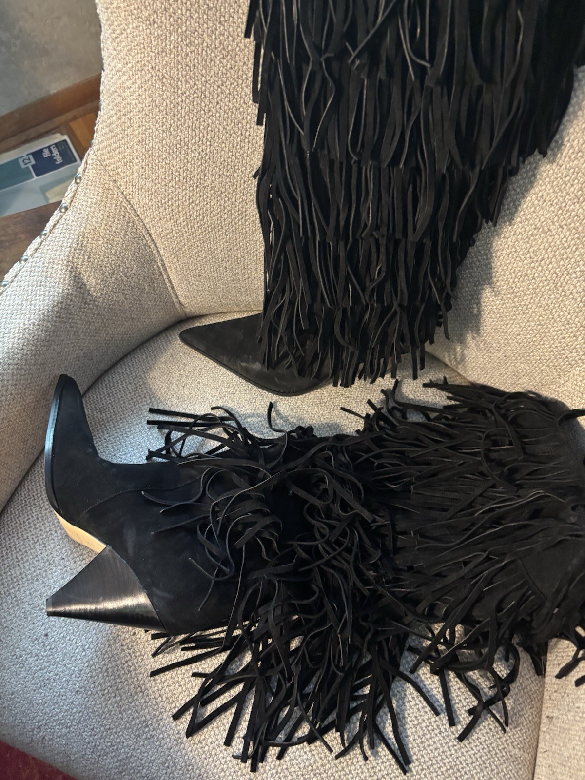 Michael Kors Women’s Black Suede Fringe Knee-High Western Boots Pointed Toe 7