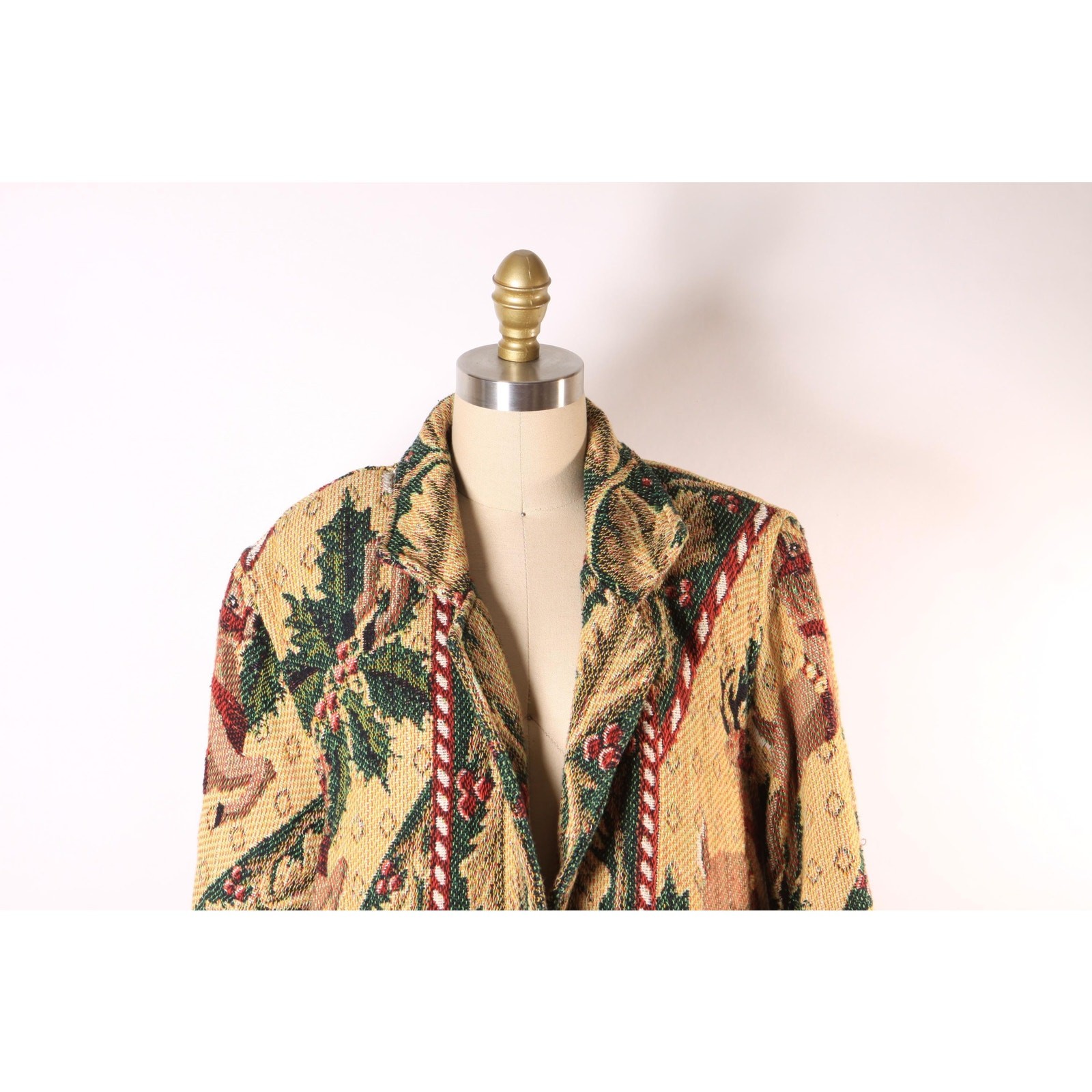 1980s 1990s Tan Red Green Novelty Deer Christmas Tapestry Jacket by Painted Pony