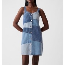 GAP Patchwork Denim Mini Dress Medium Button Up 100% Cotton Light/Med/Dark