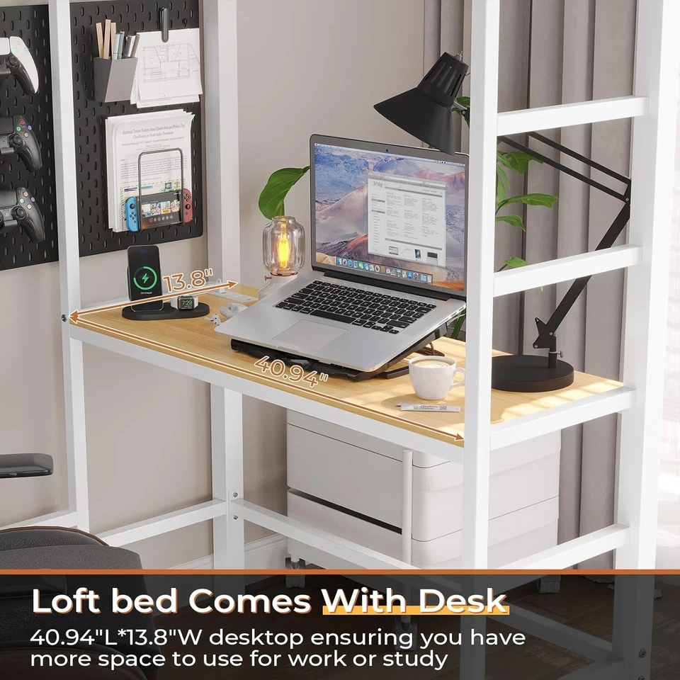 Twin Loft Bed with Desk Metal Loft Bed Frame with Charging Station Led Lights - Image 4 of 4