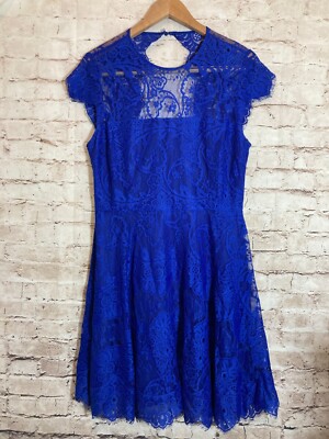 BB Dakota Dress Womens 12 Cobalt Blue Lace Cap Sleeve Cutout Back A Line Lined