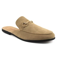 Mens Tan Suede Fabric Backless Slip On Mule Gold Buckle Loafers Shoes AZARMAN