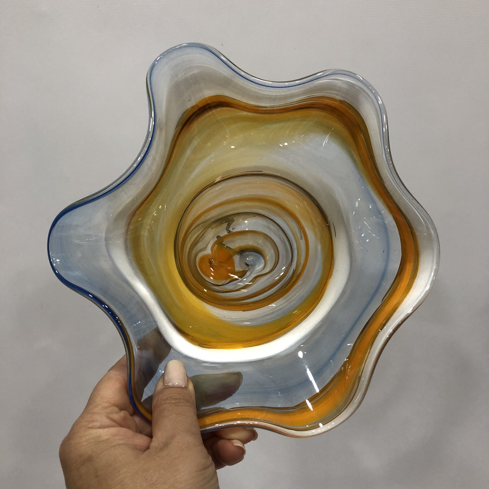 Handcrafted Art Glass Ruffled Swirl Candy Dish with Pontil Mark