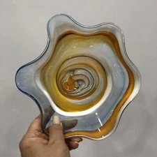 Art Glass Ruffled Trim Multi Swirl Candy Dish Bowl Blown Pontil Mark