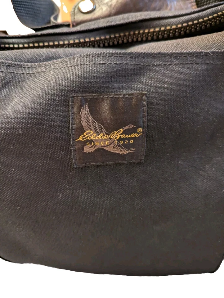 [VINTAGE] Eddie Bauer Black Canvas Brown Leather Duffle Bag Travel Carry On - Image 2 of 4