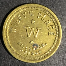 Wiley's Place Hillsboro Oregon G/F 5c Brass Trade Token -- "W"  22mm