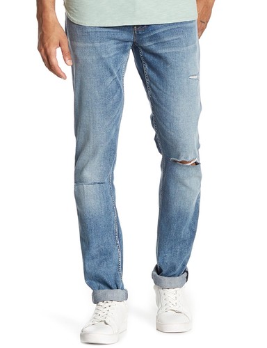 Hudson Jeans Clearance Men's Sartor Relaxed Skinny Leg Jeans Torn Denim Doty 30W