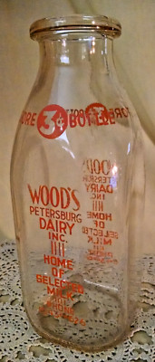 WOOD'S PETERSBURG DAIRY MILK BOTTLE QUART HOME SELECTED MILK STORE BOTTLE 334.