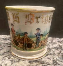 EARLY OCCUPATIONAL SHAVING MUG RAILROAD HANDCAR TRACK FOREMAN 4 WORKERS AWESOME