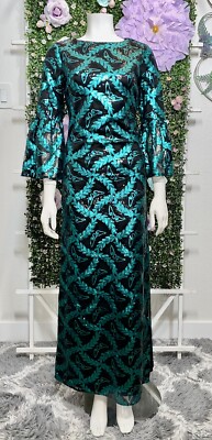 Bebe Sequin Sheath Long Dress Bell Sleeve Emerald Green And Black Gown W/  Slit 2 | eBay UK