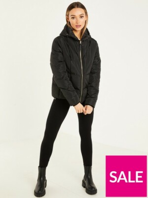 Quiz Chevron Padded Zip Up Hooded Coat - Black UK 14