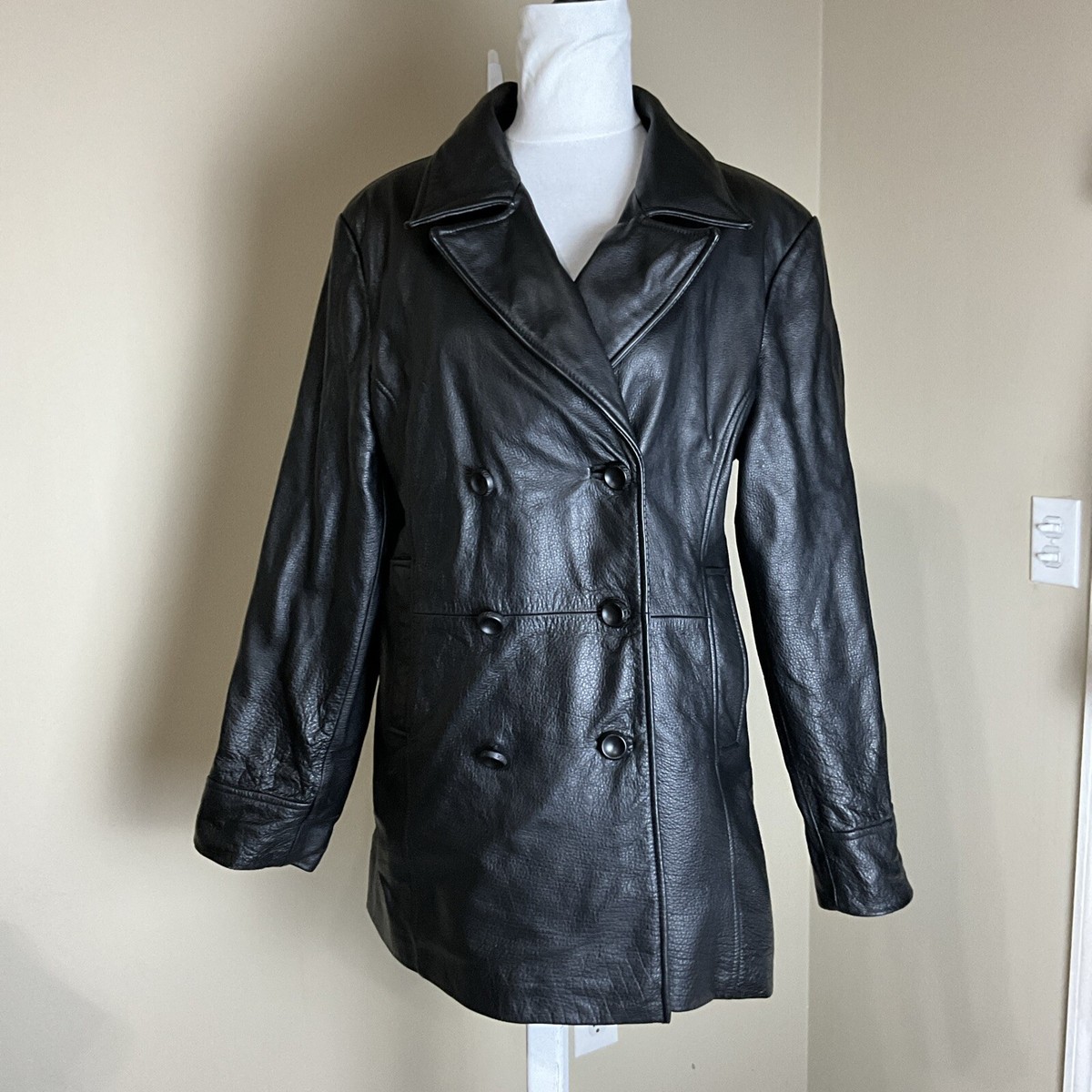 Colebrook Co Women’s Black Double Breasted Genuine Leather Jacket Large