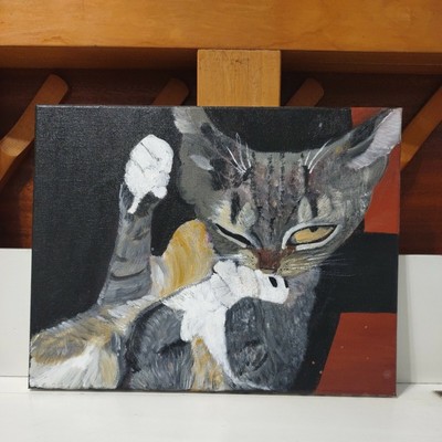 Original Arcylic 14'' x 11''  Painting Of Tabby Cat ''Toby'' Painting By Fnu