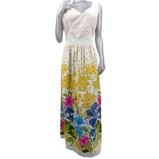 SALE VHY Hawaiian Textiles Brocade Hostess MAXI DRESS Vintage 1960s Flower Power