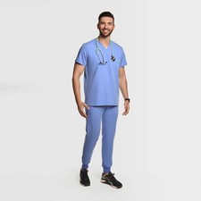 Men s Scrub Set V-Neck Top 1 Pocket Jogger Pants Stretch Medical Uniform