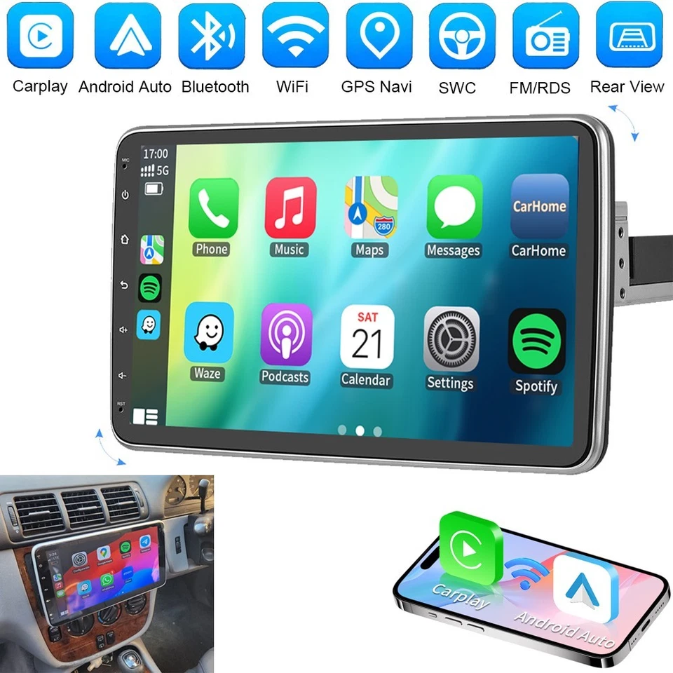 1DIN Rotatable 10.1'' Screen Tablet Car Stereo Radio GPS Carplay Fit Jeep Dodge - Image 2 of 4