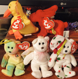 Ty Jingle Beanies Plush Toys Lot of 5-Peace, Halo, Rover, Quackers, 1998 Holiday