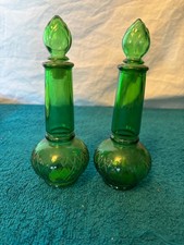2 Vintage 1960s Green Pressed Glass Avon "Elusive" Eau de Cologne Bottles 17cm T