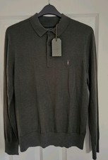 All Saints - Men's Long Sleeve Polo Shirt, Dark Green - Merino Wool - Size M