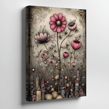 Vintage Floral Canvas Wall Art Pink Flowers And Whimsical Cityscape Decor Print