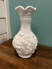 Vintage Imperial Glass Milk Glass Loganberry Vase 10” Ruffled Rim Embossed